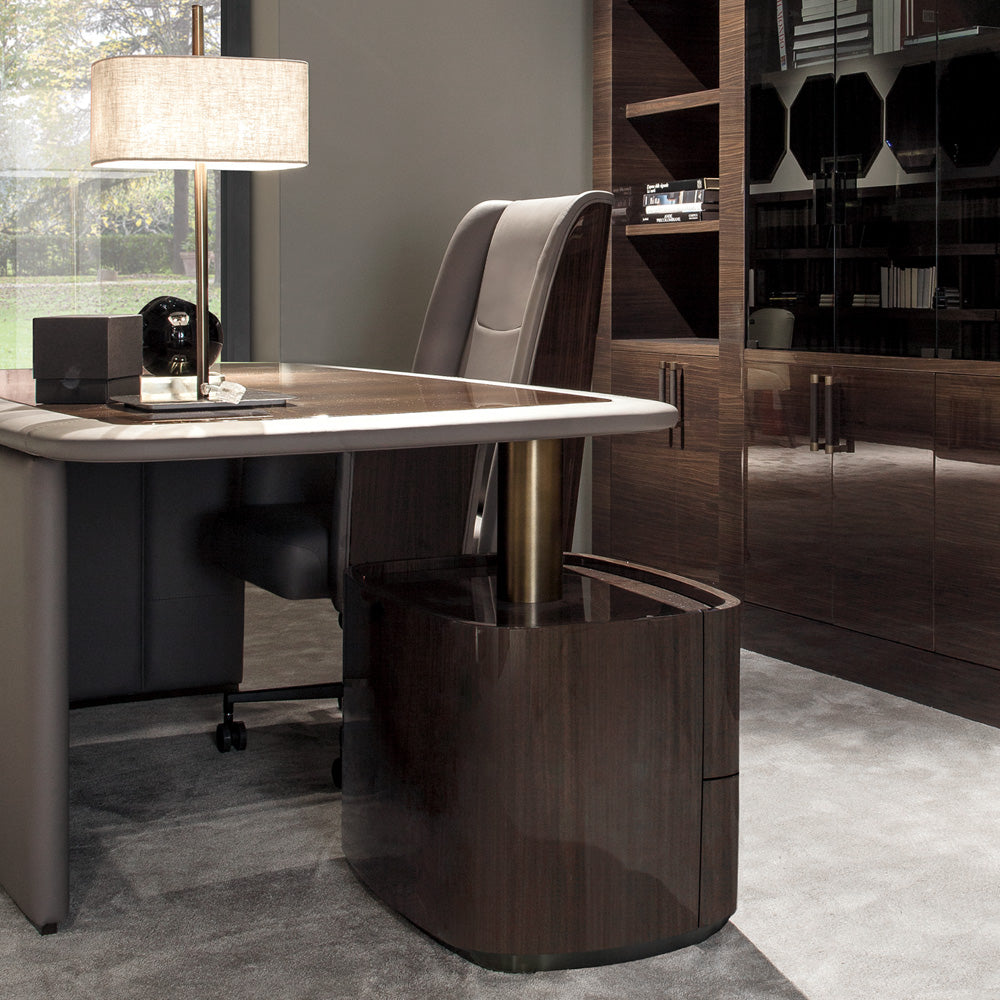 Modern Italian Designer Leather And Walnut Veneer Desk