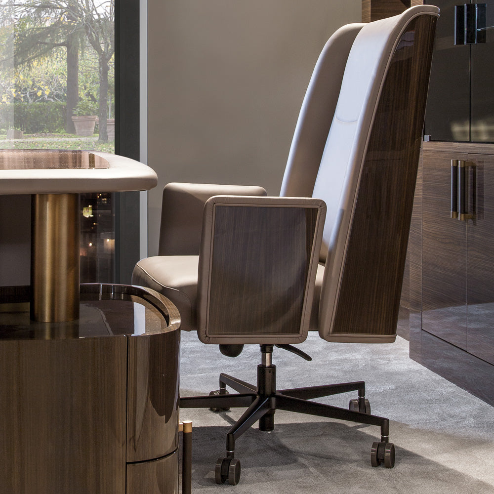 Modern Italian Designer Leather And Walnut Veneer Desk