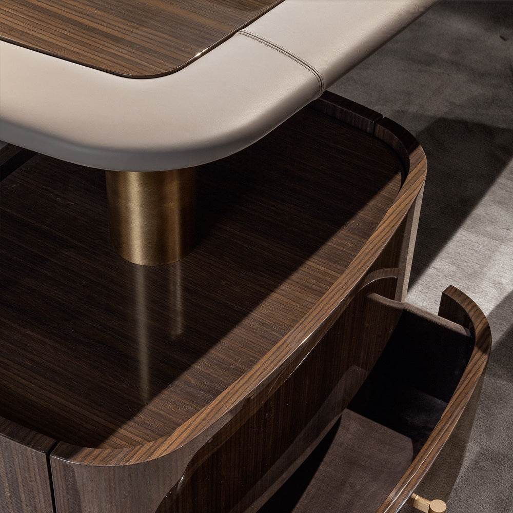 Modern Italian Designer Leather And Walnut Veneer Desk