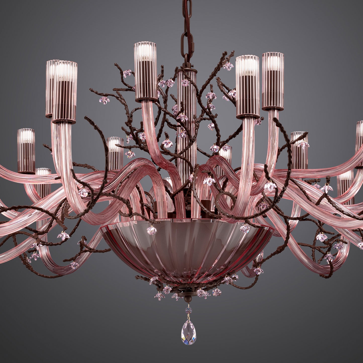 Modern Pink Glass Chandelier With Swarovski Crystal Flowers