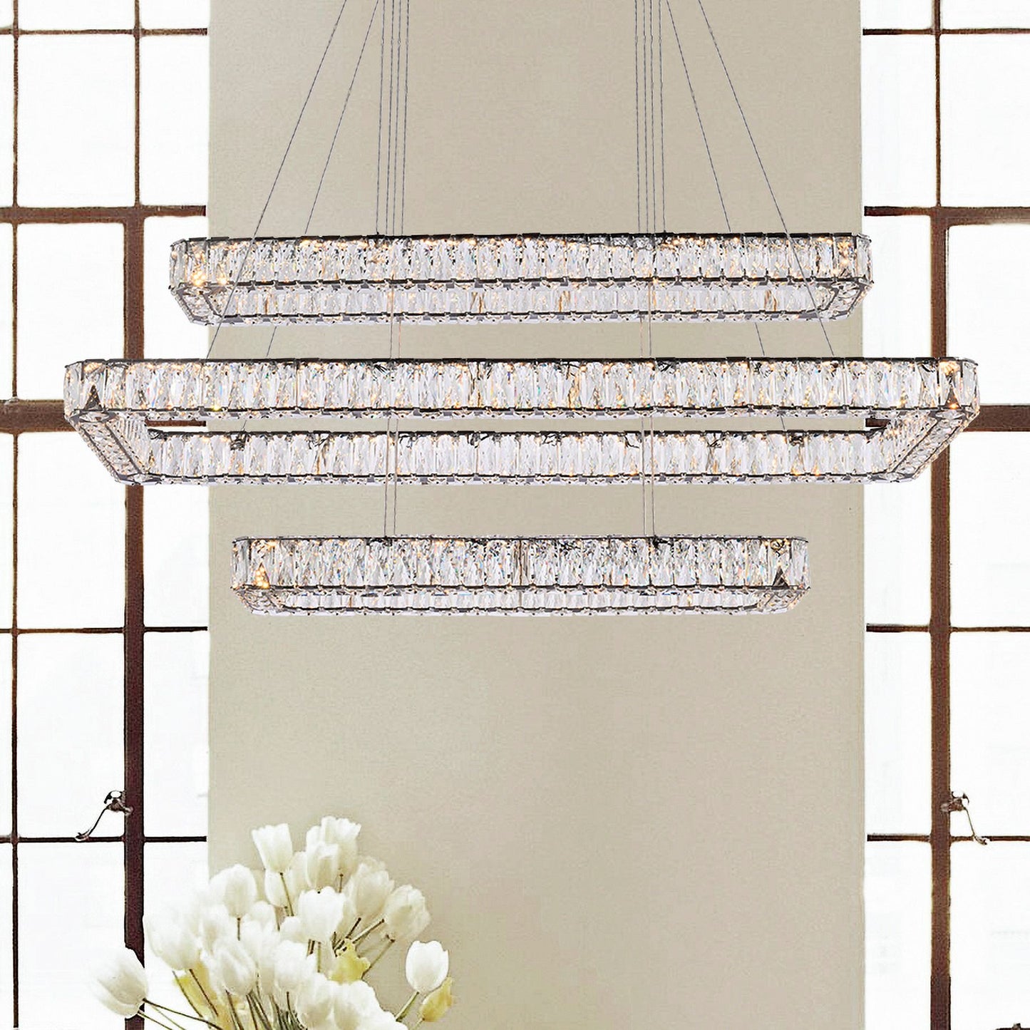 Monroe 50" Wide Black Crystal 3-Tier LED Pendant Light