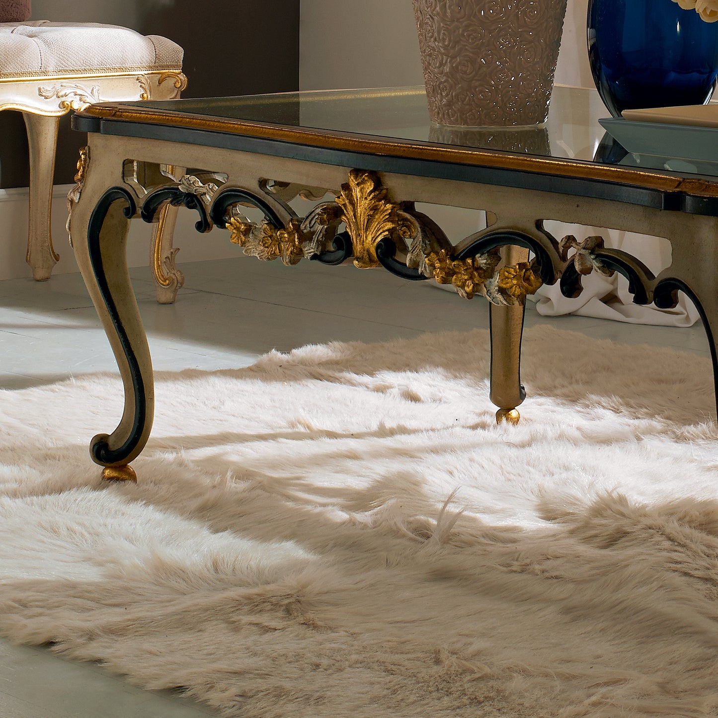 Ornate Carved Designer Italian Glass Coffee Table