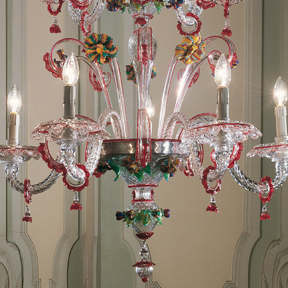 Ornate Glass Chandelier With Red Floral Detailing