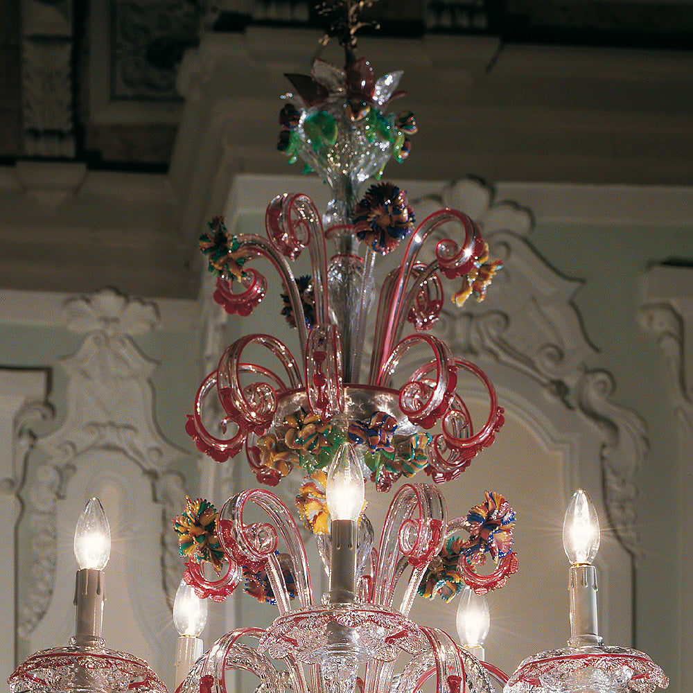 Ornate Glass Chandelier With Red Floral Detailing