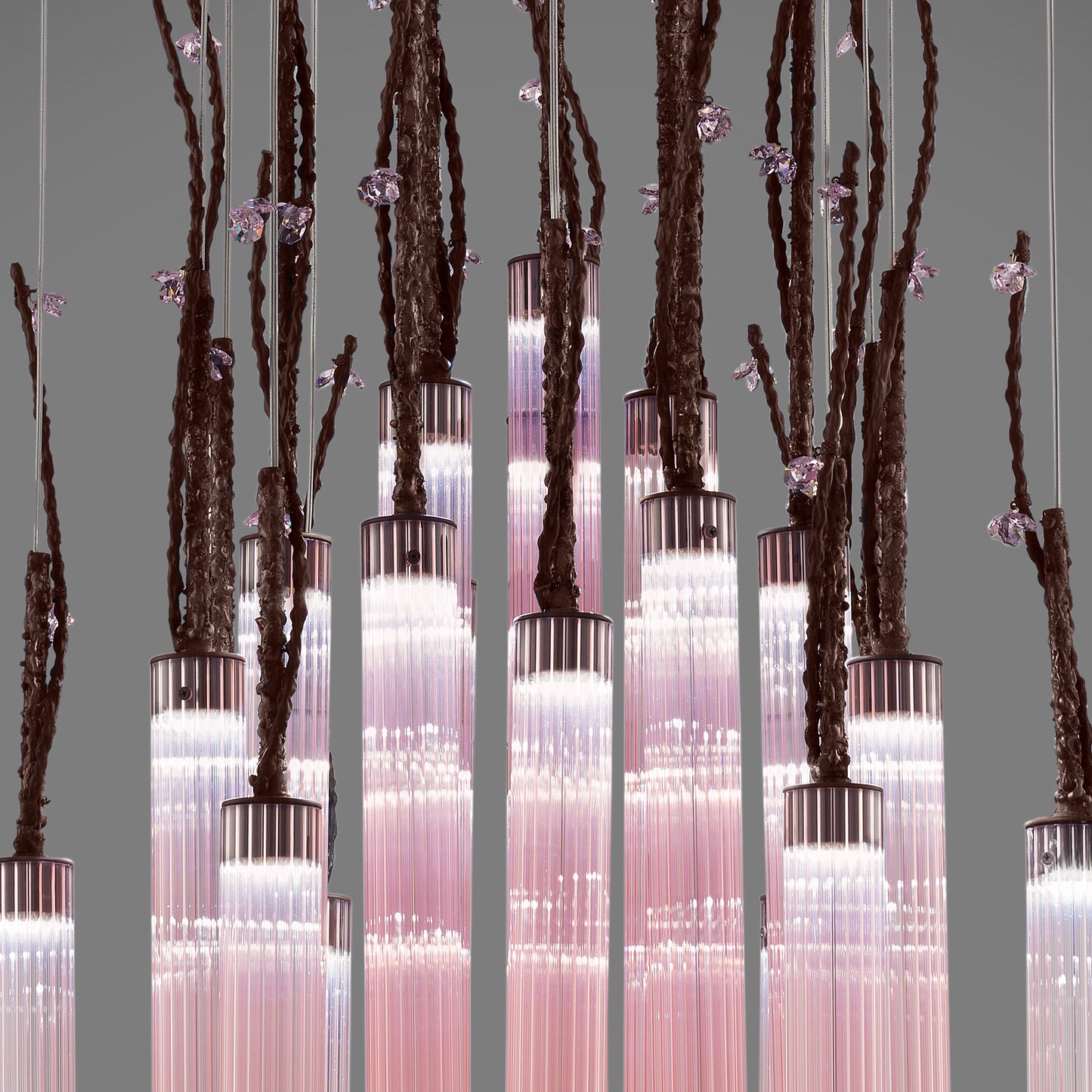 Pink Fluted Glass Chandelier With Swarovski Crystal Flowers