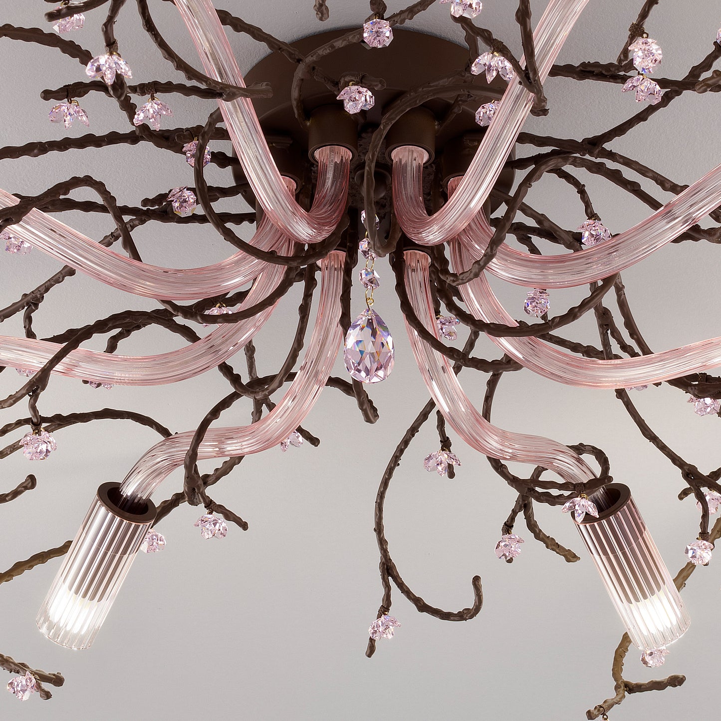 Pink Glass Branch Ceiling Light With Swarovski Crystal Flowers