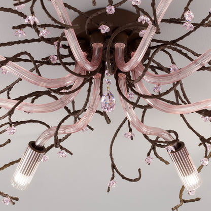Pink Glass Branch Ceiling Light With Swarovski Crystal Flowers