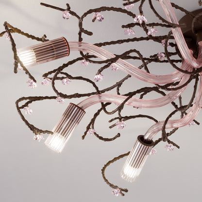 Pink Glass Branch Ceiling Light With Swarovski Crystal Flowers