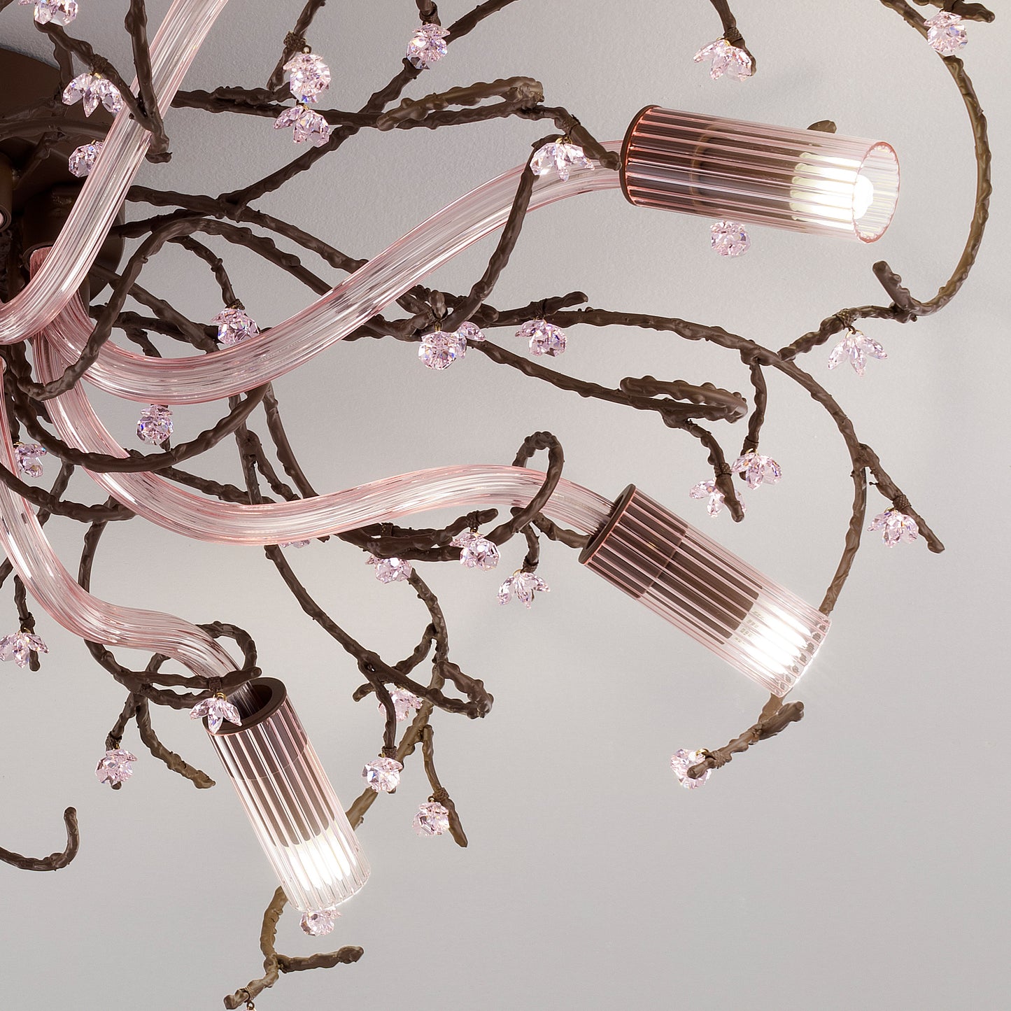 Pink Glass Branch Ceiling Light With Swarovski Crystal Flowers
