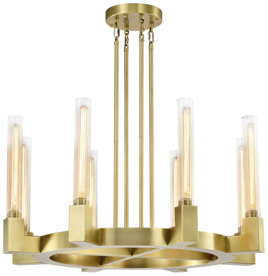 Placid 8-Light 32 Inch Aged Brass Wheel Styled Glass Chandelier