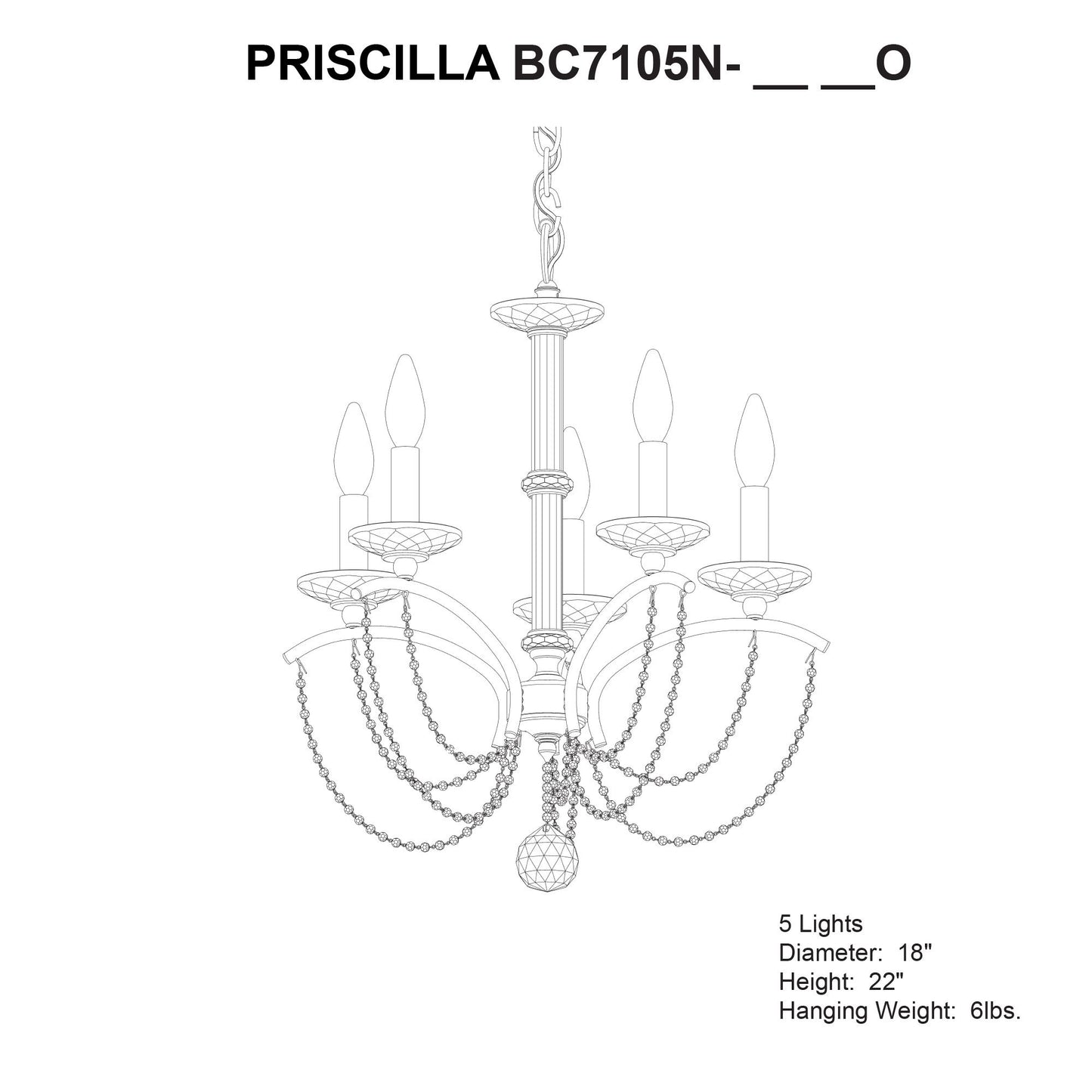 Priscilla 22"H x 18"W 5-Light Crystal Chandelier in White