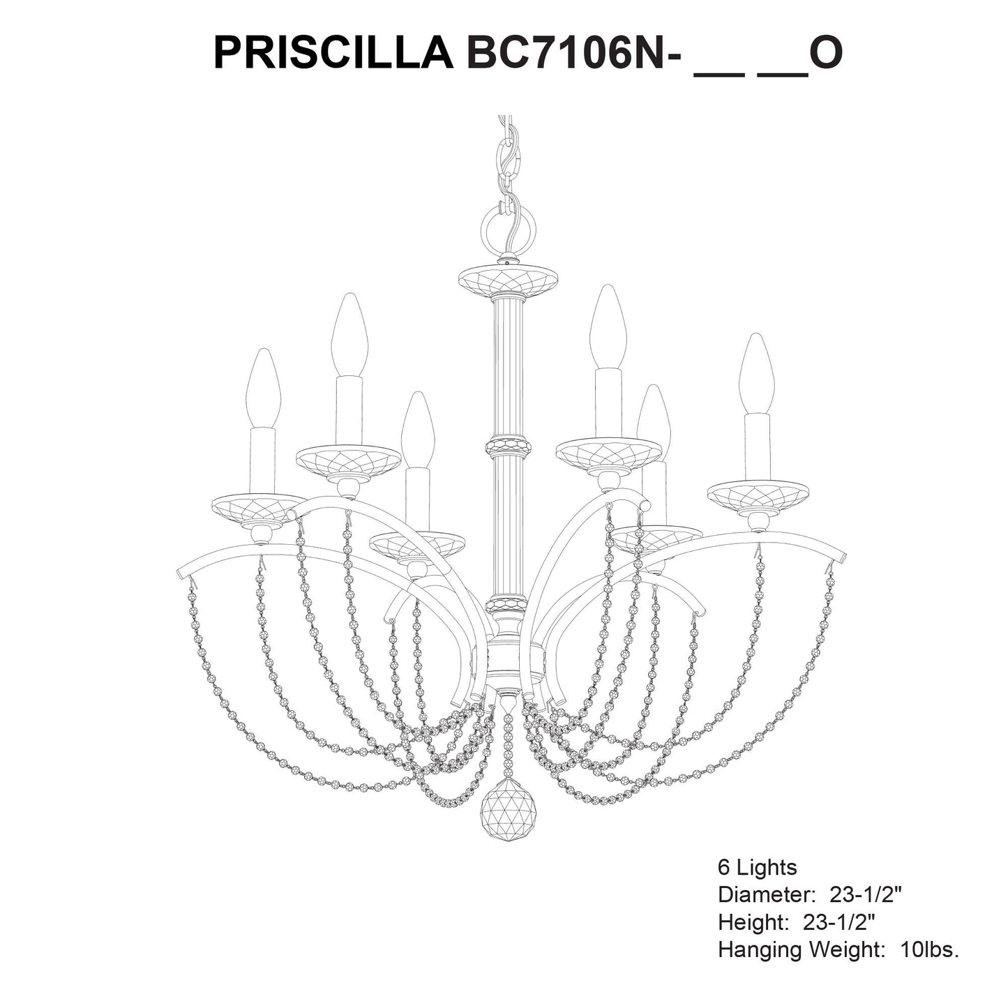 Priscilla 23.5"H x 23.5"W 6-Light Crystal Chandelier in Heirloom