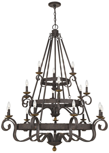 Noble 48"W Rustic Black 18-Light 3-Tier Chandelier