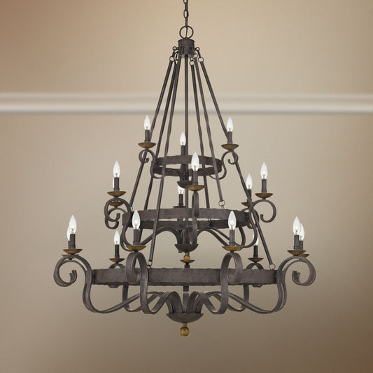 Noble 48"W Rustic Black 18-Light 3-Tier Chandelier