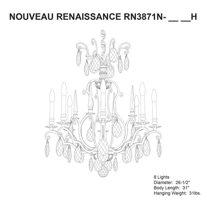 Renaissance Nouveau 31"H x 32"W 8-Lt Crystal Chandelier in Antiqu