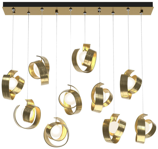 Riza 12.2" Wide 10-Light Modern Brass Pendant With Opal Glass Shade