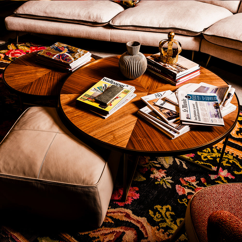 Round Walnut Veneer Coffee Table Set