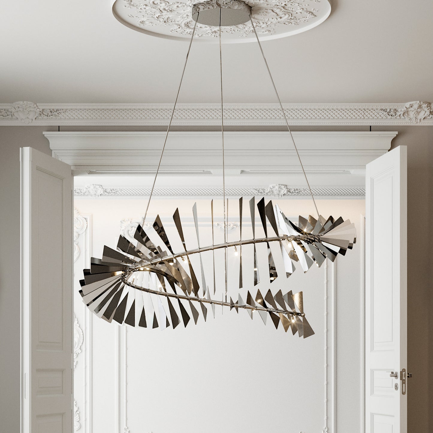 Statement Contemporary Polished Nickel Chandelier