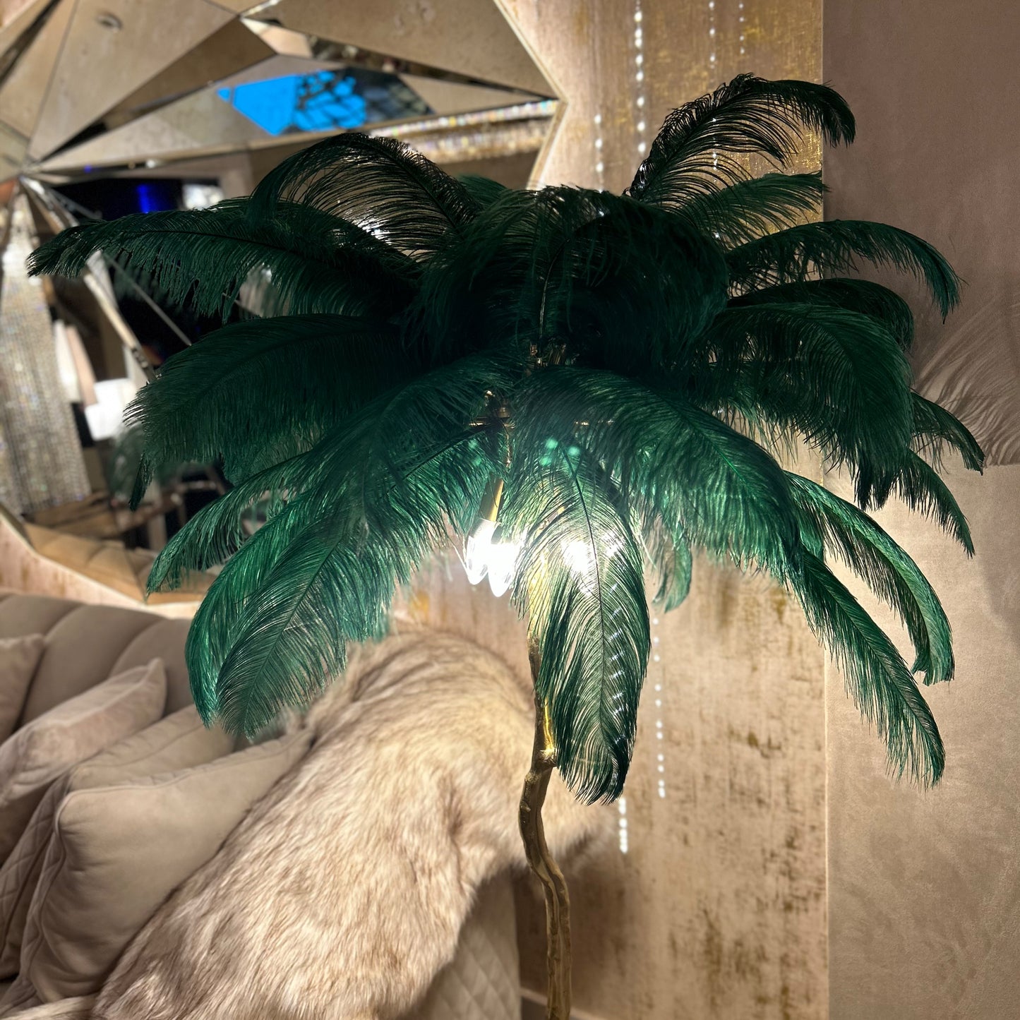 Striking Palm Tree Floor Lamp With Green Feathers