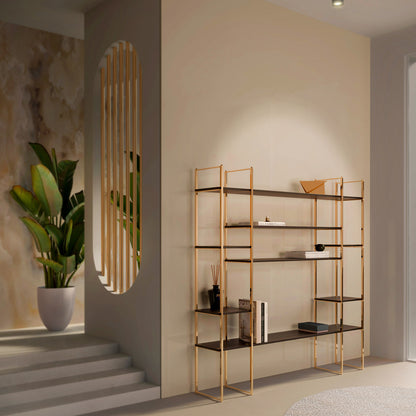 Stylish Brass And Wood Bookcase