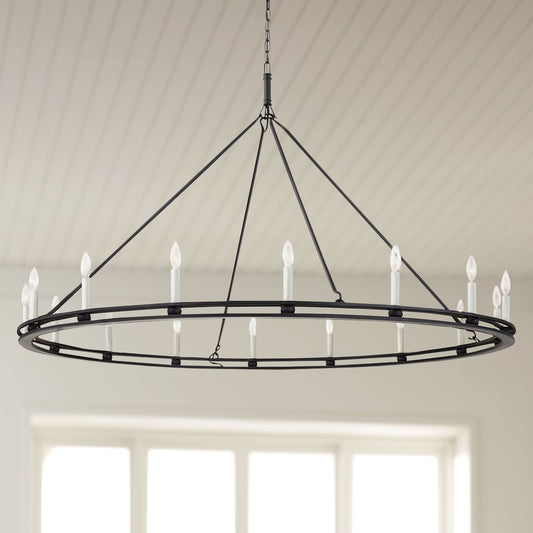 Sutton 61"W Textured Black 16-Light Wagon Wheel Chandelier