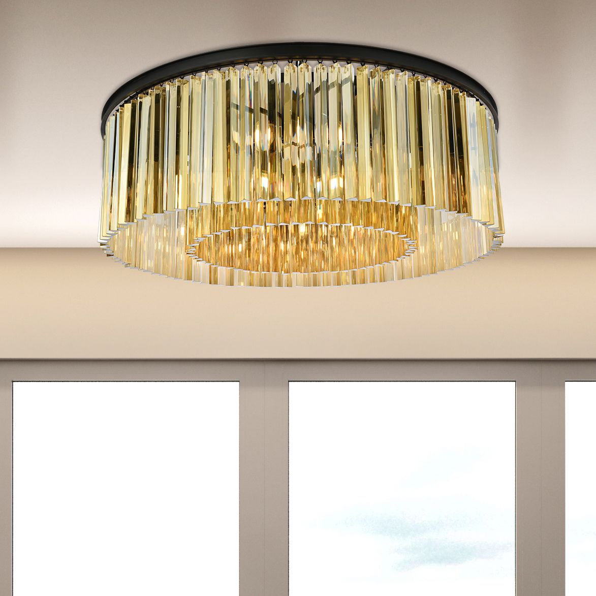 Sydney 10 Lt Matte Black Flush Mount Golden Teak