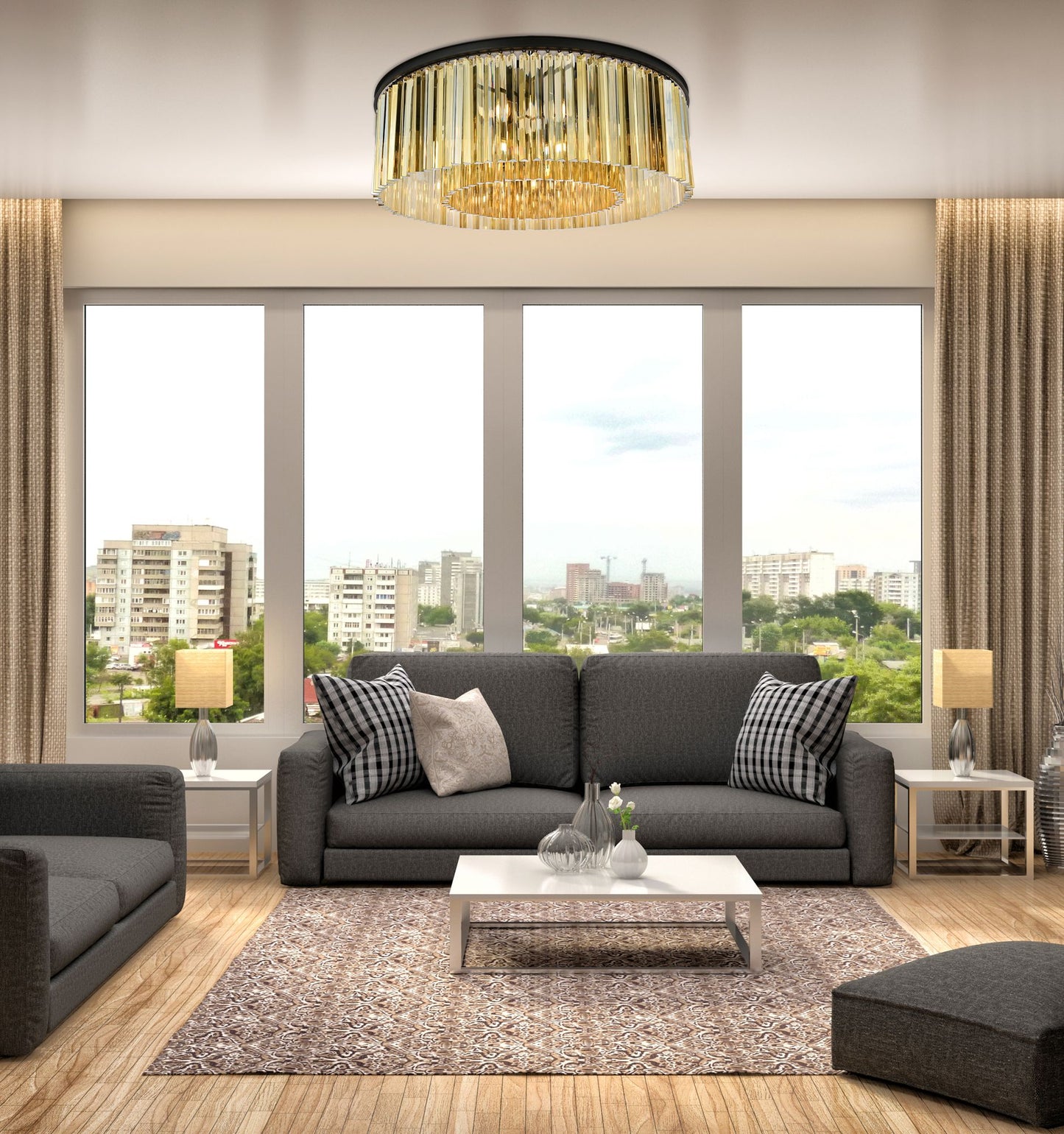 Sydney 10 Lt Matte Black Flush Mount Golden Teak