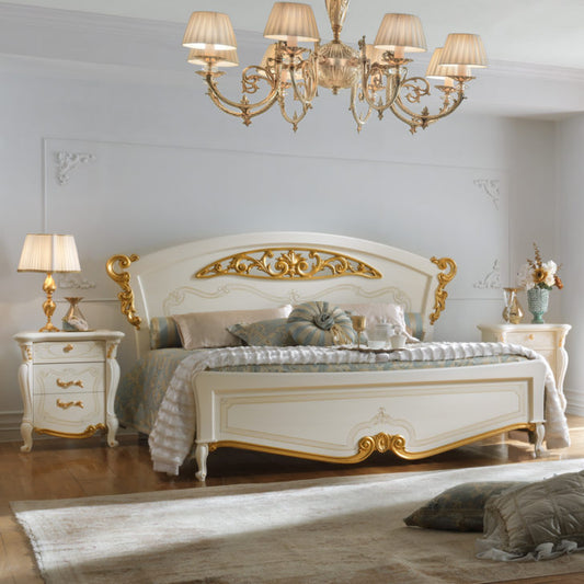 Italian White and Gold Leaf Elaborately Carved Bed