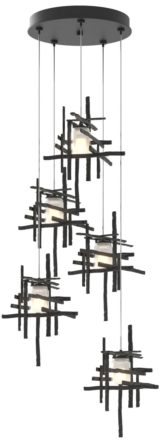 Tura 27.3" Wide 5-Light Black Long Pendant With Frosted Cast Glass Sha