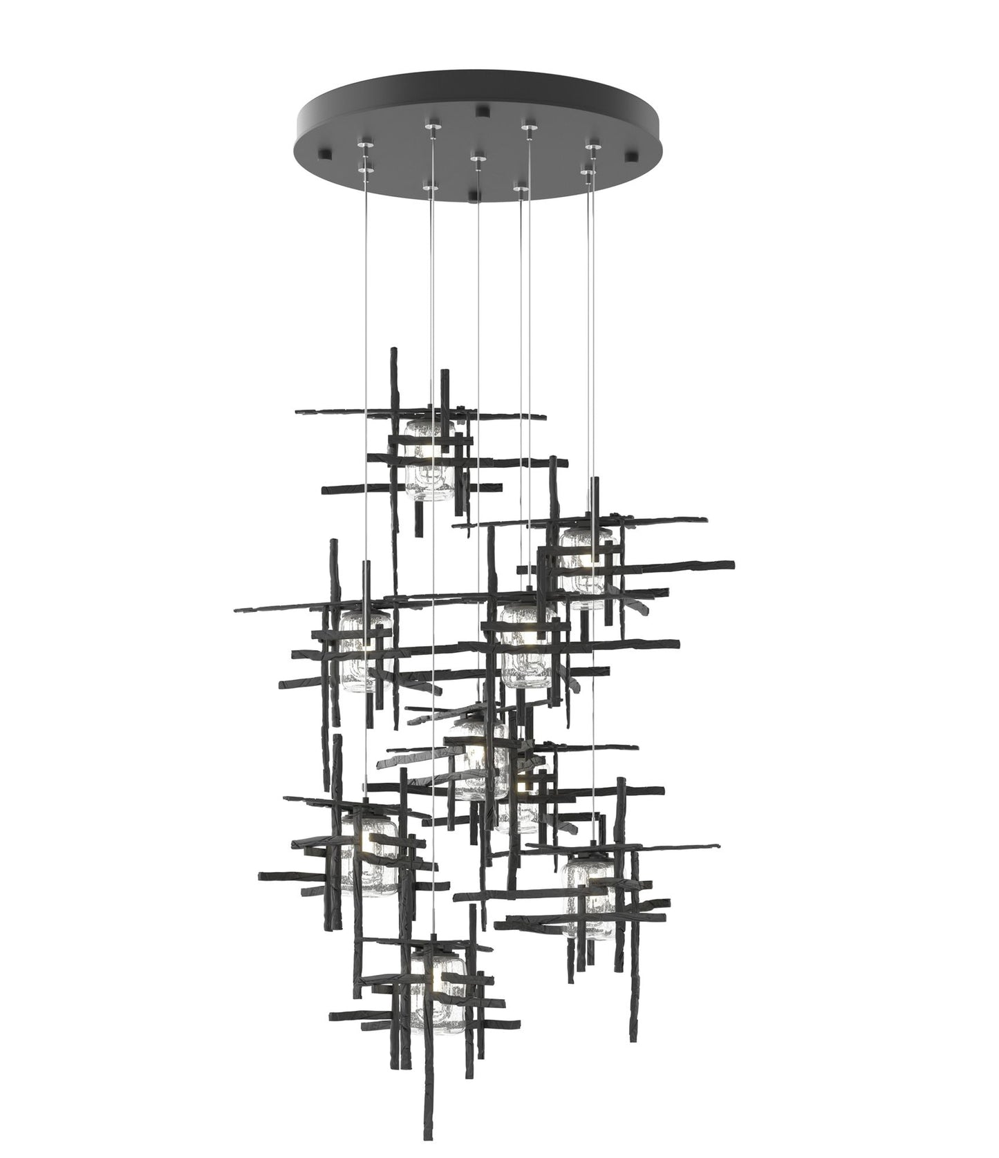 Tura 29.6"W 9-Light Round Black Standard Pendant w/ Seeded Glass Shade