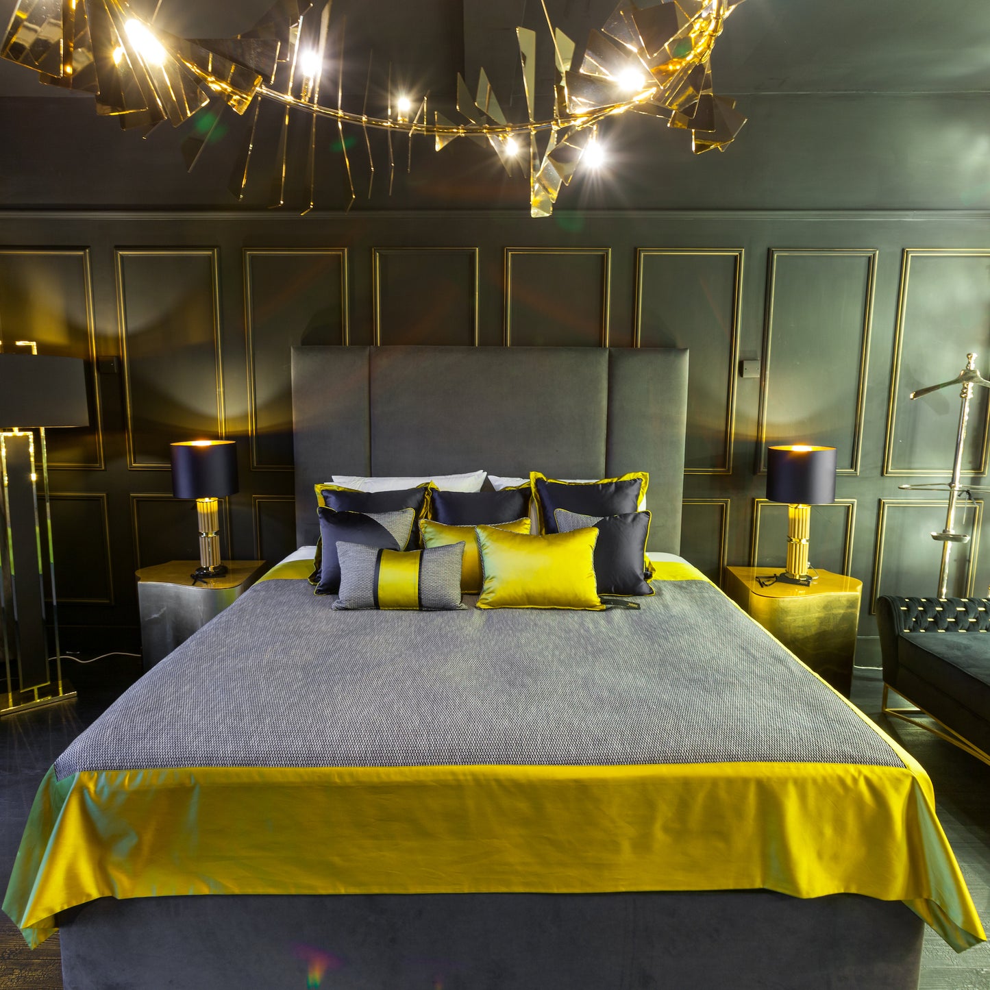 Velvet Bed With Tall Panelled Headboard