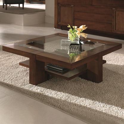 Wooden Square Coffee Table With Glass Top